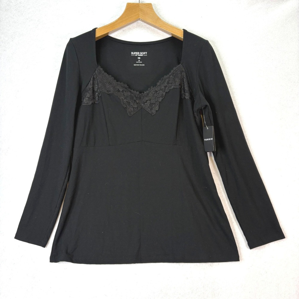 NWT Torrid Black Super Soft Ribbed Sweetheart Lace Trim Top 18/20 Long Sleeve